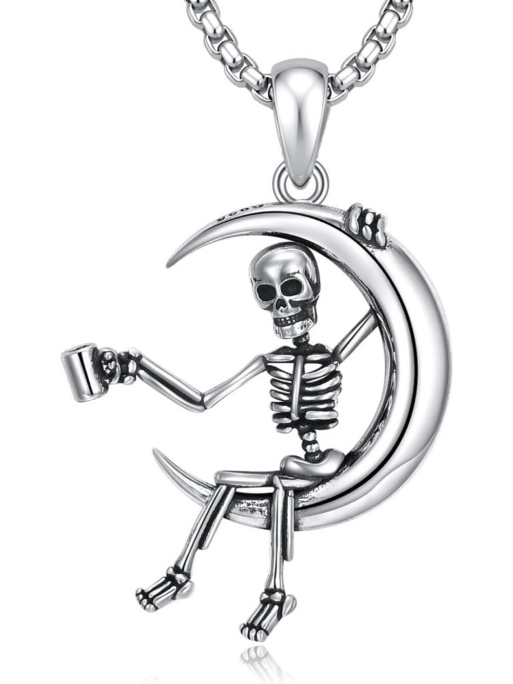 Women's White Gold Plated Gothic Moon Skeleton Goth Skull Pendants Necklace